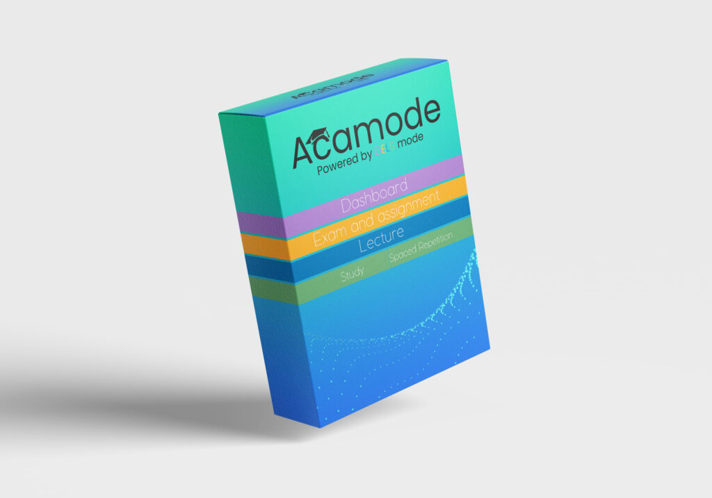 A 3D mockup of a colorful box for the AcaMode Notion template, featuring vibrant stripes in shades of purple, orange, blue, and green with a modern and academic-themed design. The box highlights features such as Dashboard, Exam and Assignment, Lecture, Study, and Spaced Repetition.