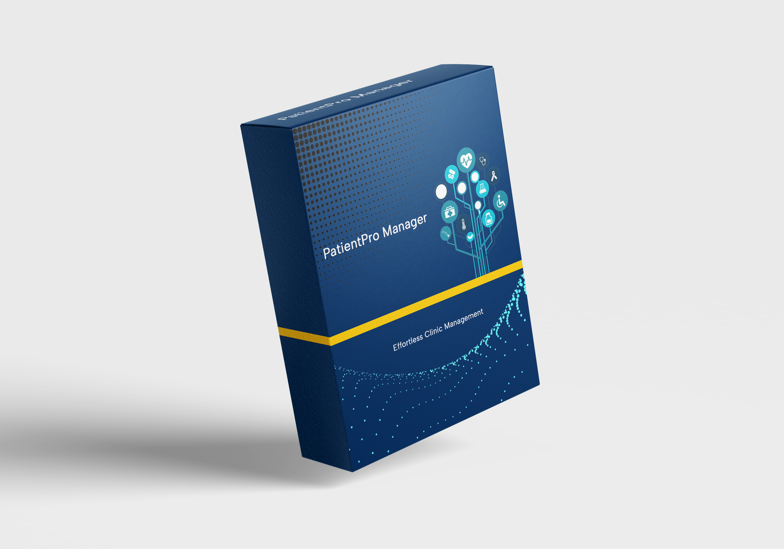 PatientPro Manager box packaging design showcasing the clinic management Notion template with a professional blue theme and healthcare-related icons