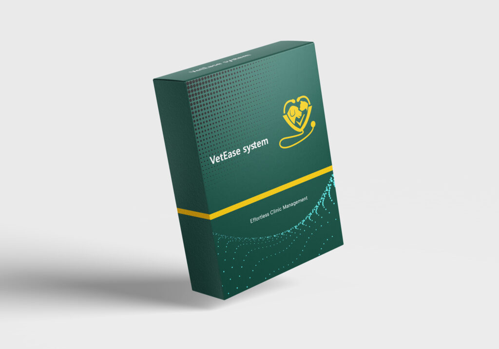 A sleek green product box for VetEase System, featuring a stethoscope heart logo and the tagline "Effortless Clinic Management."