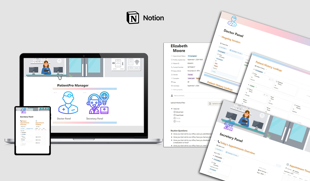 PatientPro Manager interface displayed on laptop and tablet screens, showcasing Notion templates for clinic management with Secretary and Doctor Panels