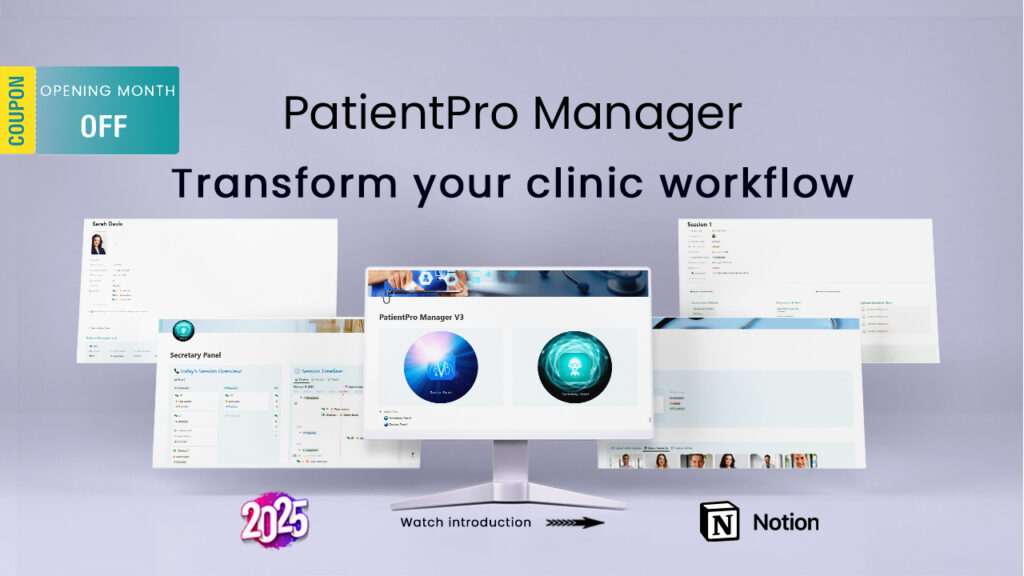 PatientPro Manager interface displayed on laptop and tablet screens, showcasing Notion templates for clinic management with Secretary and Doctor Panels