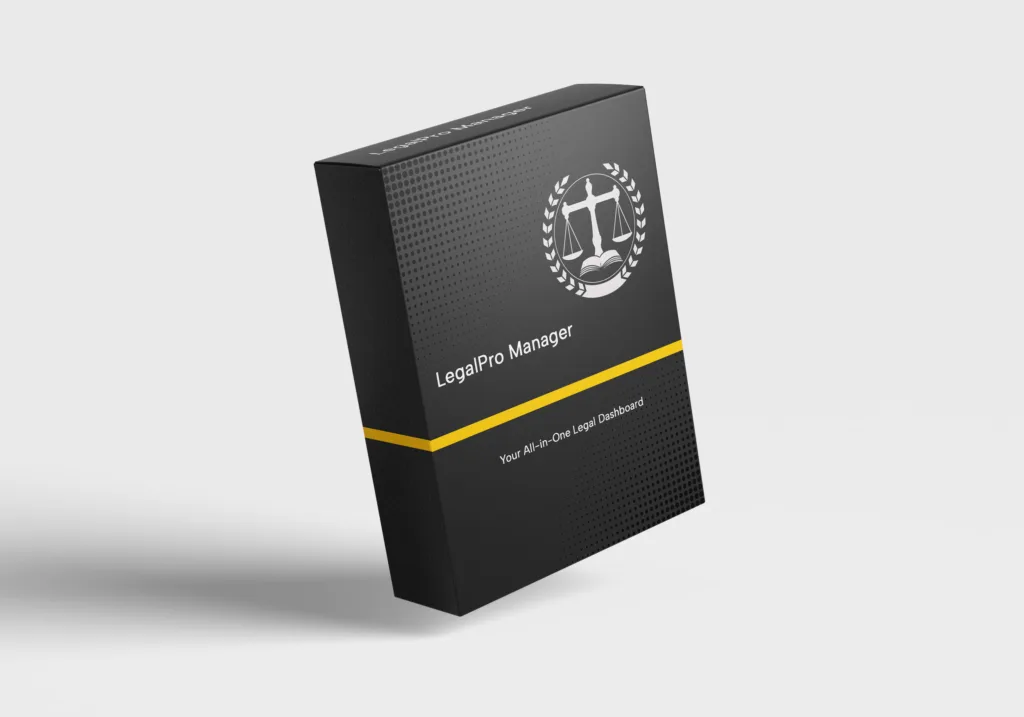 LegalPro Manager product box, black with white logo of scales and text "LegalPro Manager" and "Your All-in-One Legal Dashboard" in yellow stripe, on a light gray background.