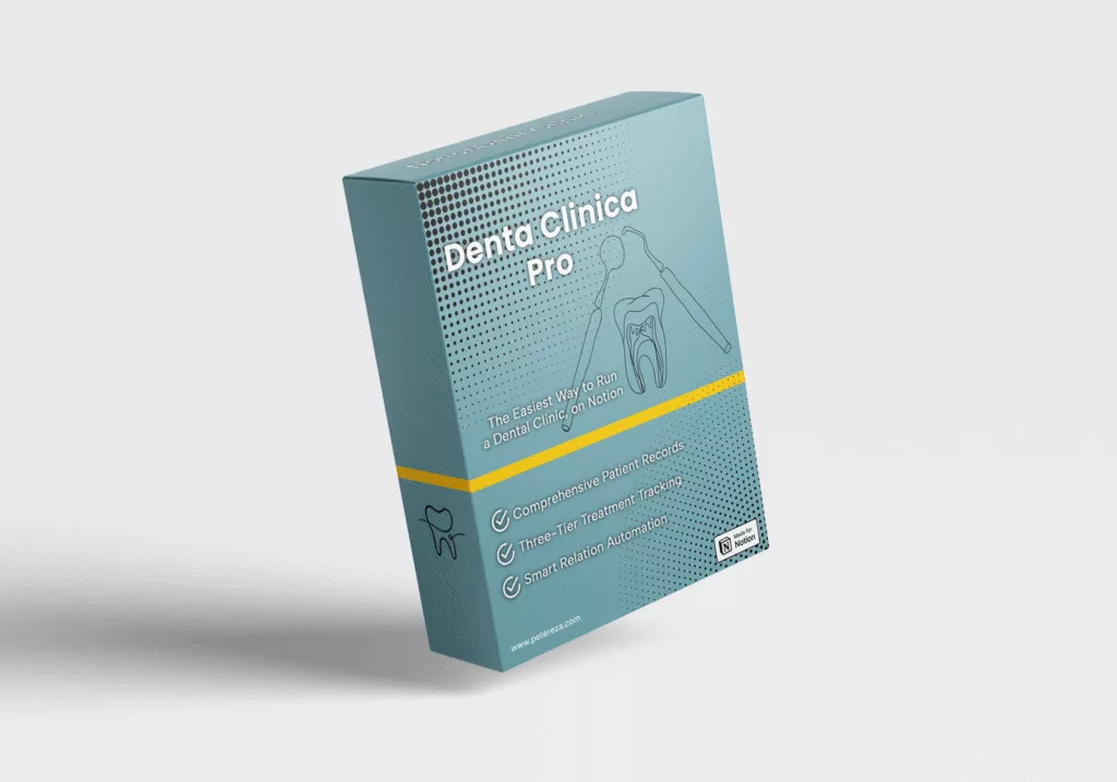 3D Mockup Box for Denta Clinica Pro, showcasing the name, tagline, and key features: Comprehensive Patient Records, Three-Tier Treatment Tracking, and Smart Relation Automation.