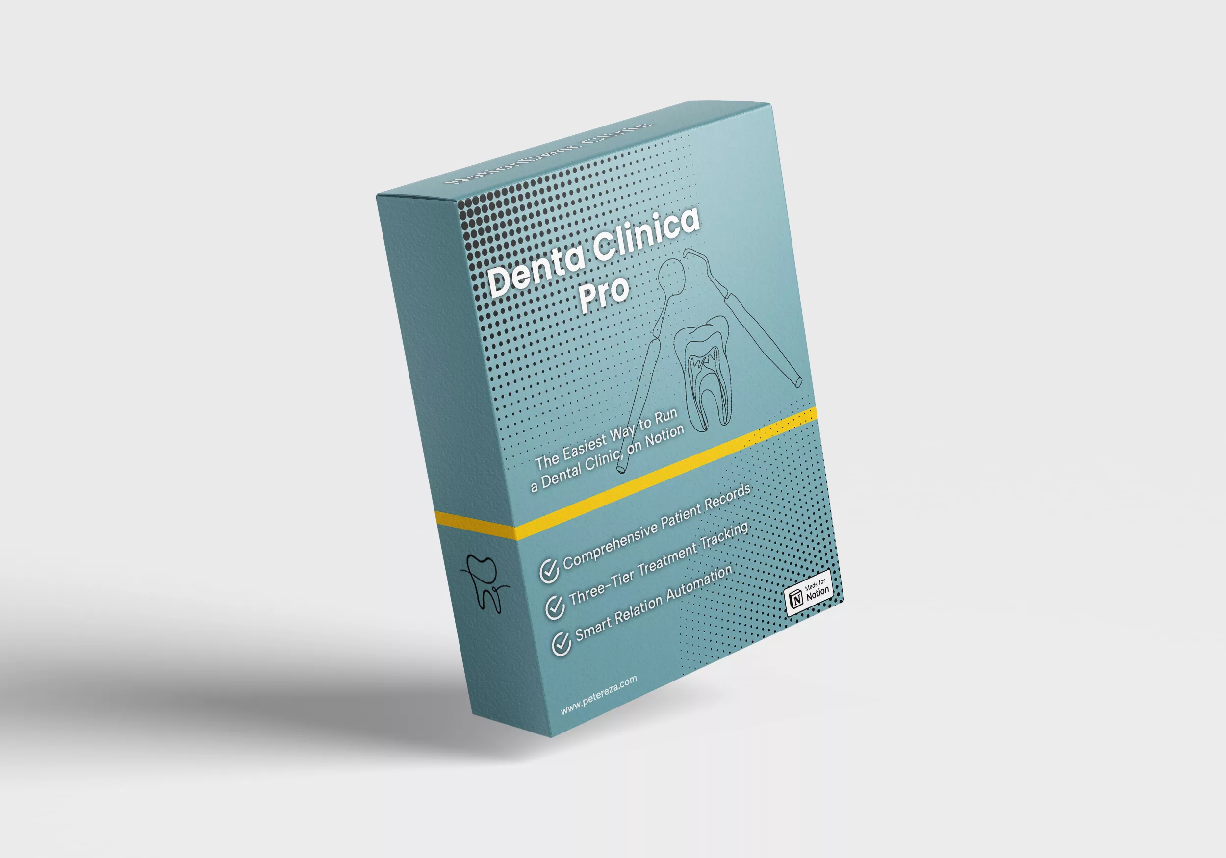 3D Mockup Box for Denta Clinica Pro, showcasing the name, tagline, and key features: Comprehensive Patient Records, Three-Tier Treatment Tracking, and Smart Relation Automation.