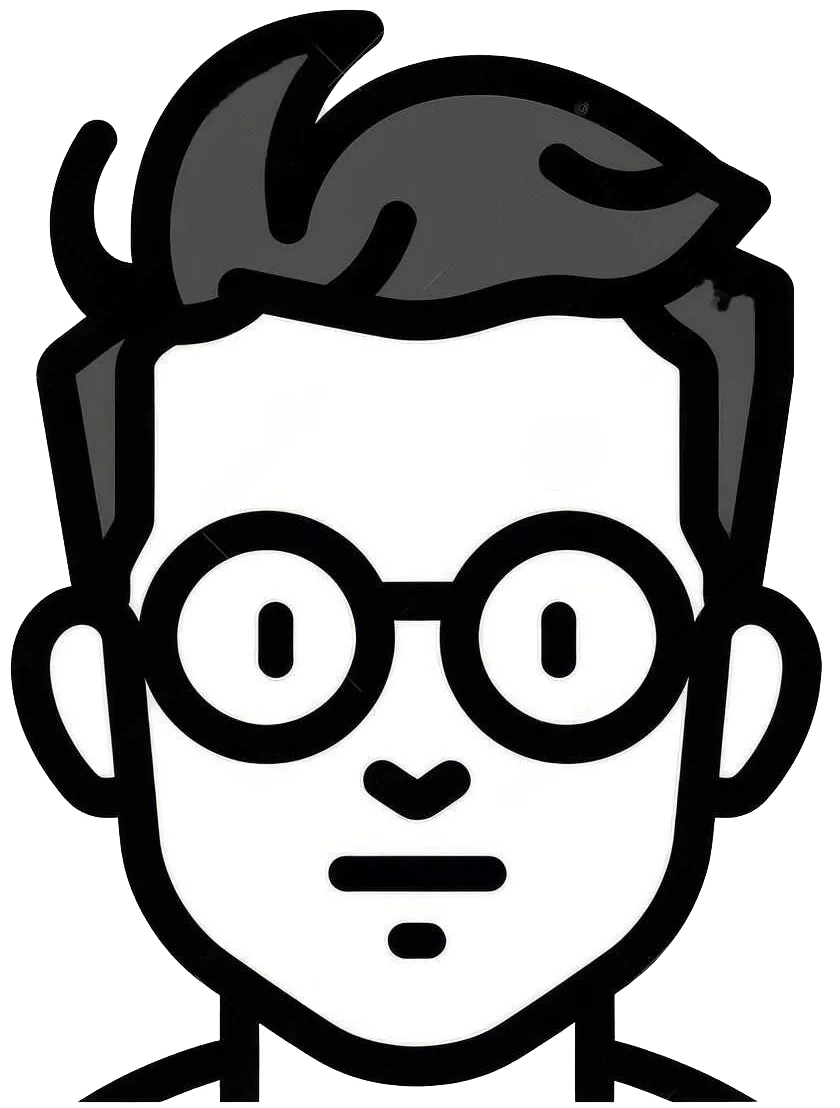 Petereza Logo: Minimalist cartoon avatar illustration of a man with round glasses and dark, stylized hair.