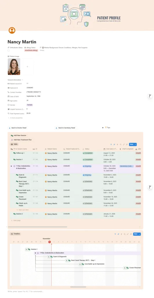 Comprehensive Patient Profile page in Notion, showing medical background, automated age, total payments, and the nested treatment plan and sessions table.