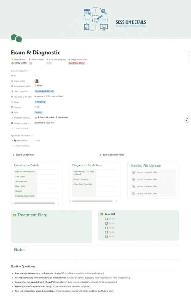 Detailed Session Page in Notion for Exam & Diagnostic, showing chief complaint (Sensitivity), X-ray upload, treatment plan, and routine session questions.